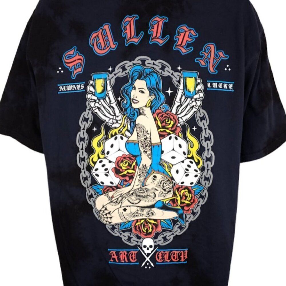 Sullen Tattoo Pin Up Girl T Shirt Mens Size XL Blue Black Tie Dye Lucky Skull